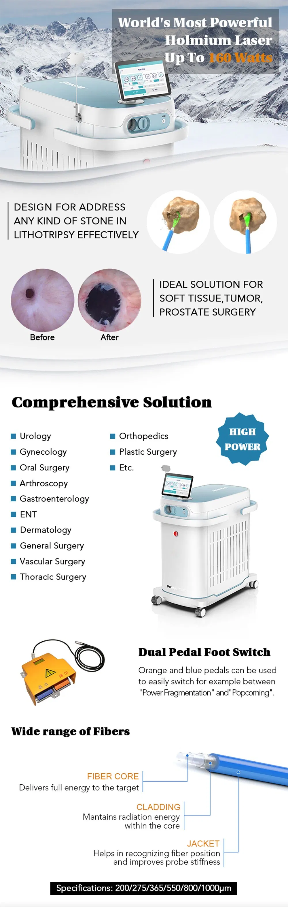 100W Medical Laser Equipment Lithotripter Holmium Laser Instruments for Polypus Resection Hepatobiliary Stones Ent