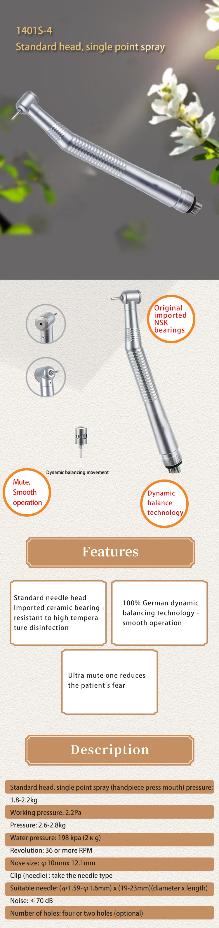China Cheap LED Electric Imported Ceramic Bearing Standard Needle Head Surgical Dental High Speed Handpiece