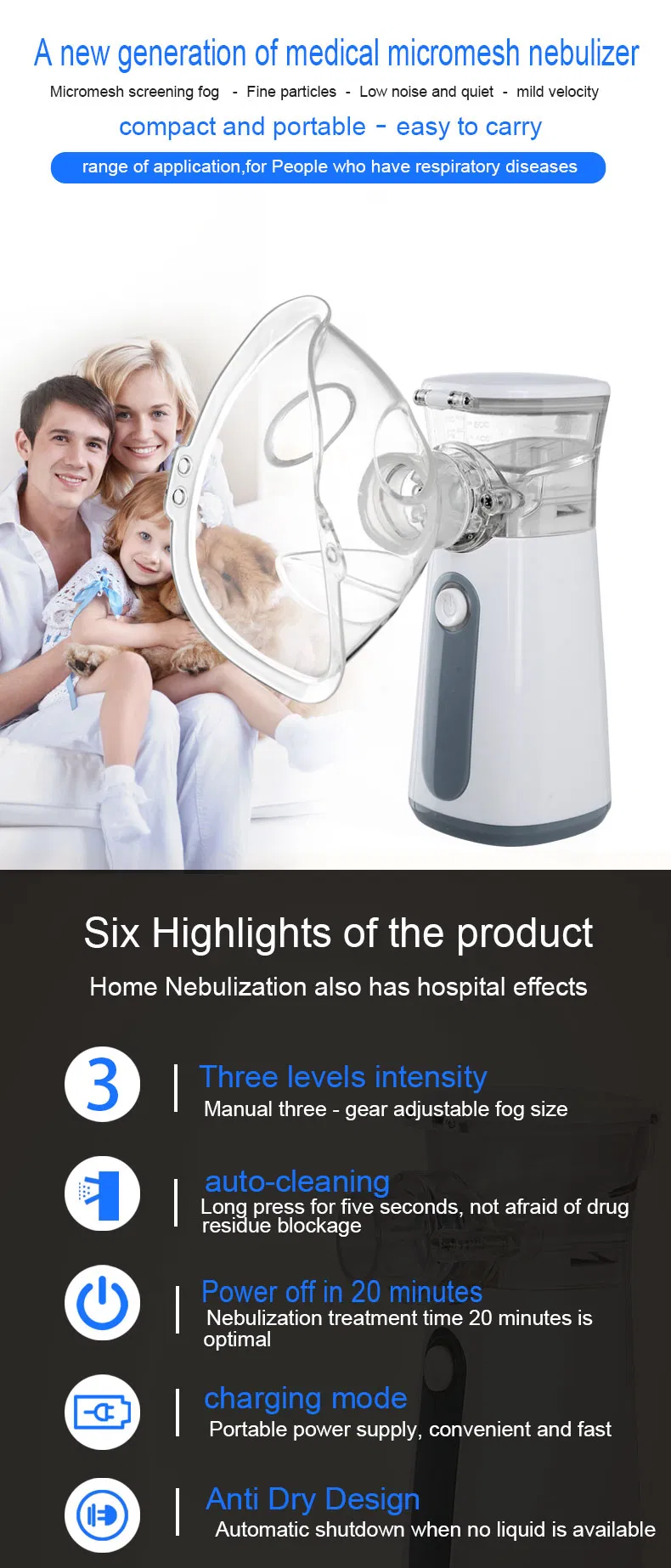 Hochey Medical Hot Selling Un204 Portable Kids Asthma Inhaler Kids Steam Portable Chargable Nebulizer for Children and Adoult