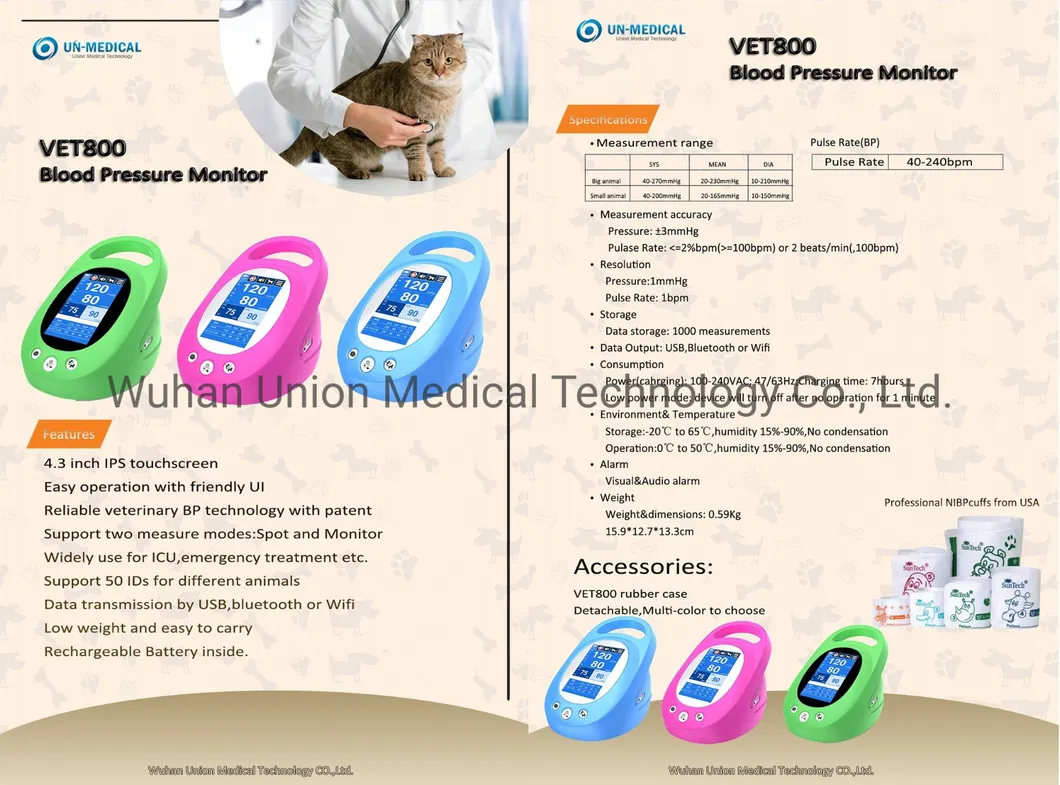 Vet800 High-End Veterinary Animal Pet Rechargeable Touch Screen NIBP Blood Pressue Monitor